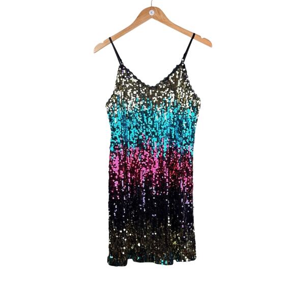 Kate Kason Colorful All Over Sequin Strappy Mini Shift Vibrant Party Dress - Picture 9 of 13